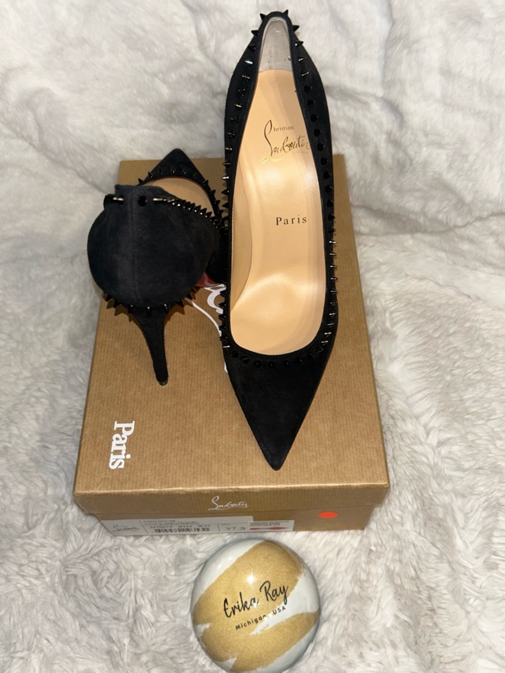 Christian Louboutin Black Suede Anjalina Spikes Accents Pumps- UNUSED- Size 37.5